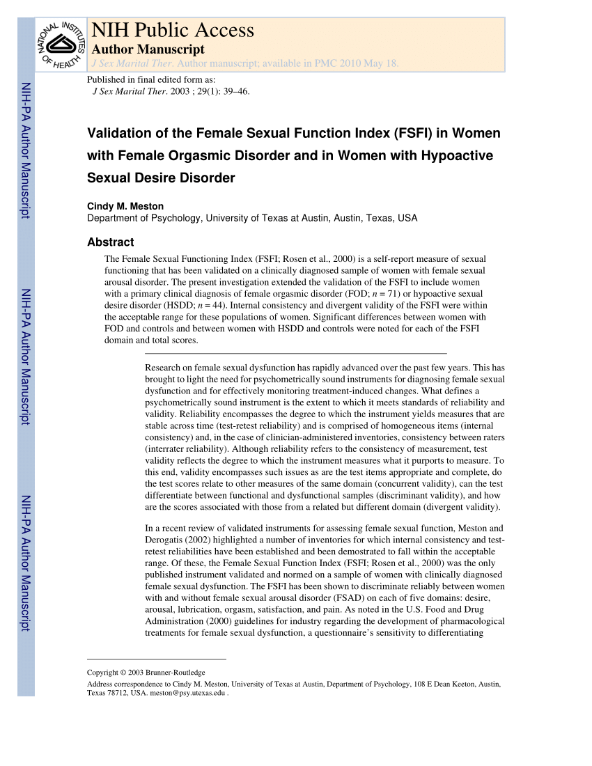 Pdf Validation Of The Female Sexual Function Index Fsfi In Women With Female Orgasmic
