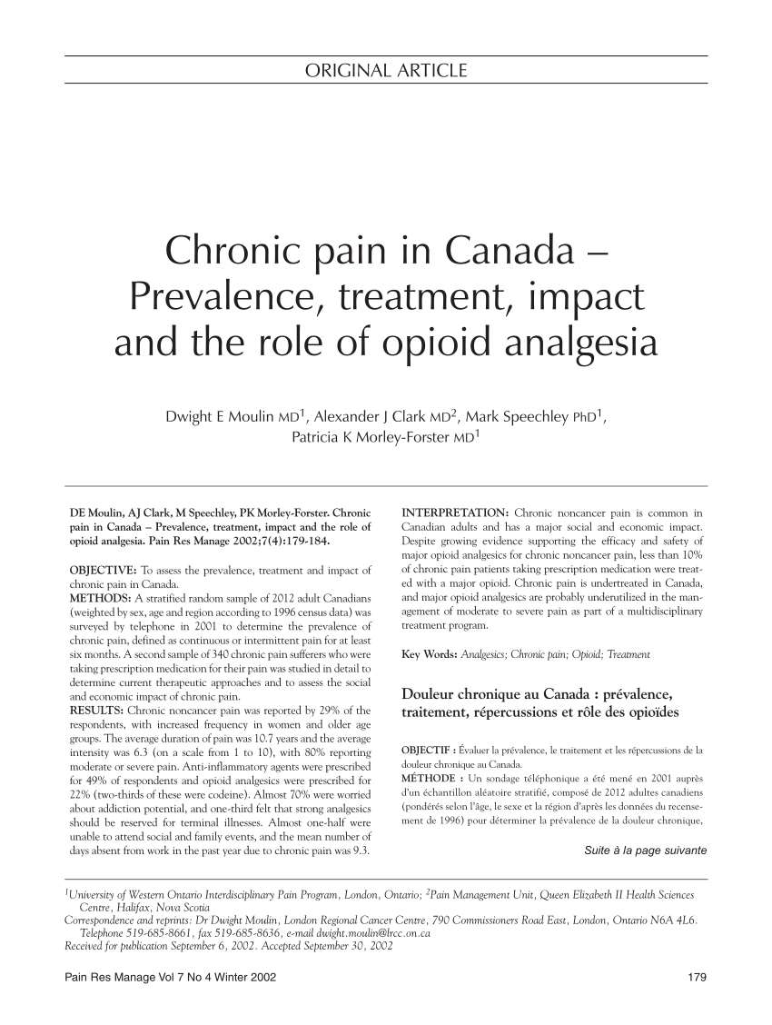 Pdf Chronic Pain In Canada Prevalence Treatment Impact