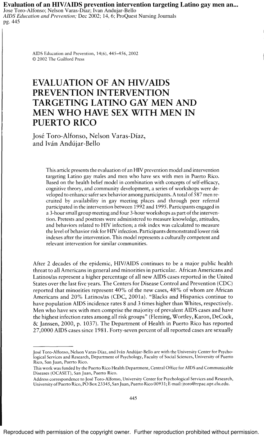 PDF) Evaluation of an HIV/Aids Prevention Intervention Targeting Latino Gay  Men and Men Who Have Sex with Men in Puerto Rico