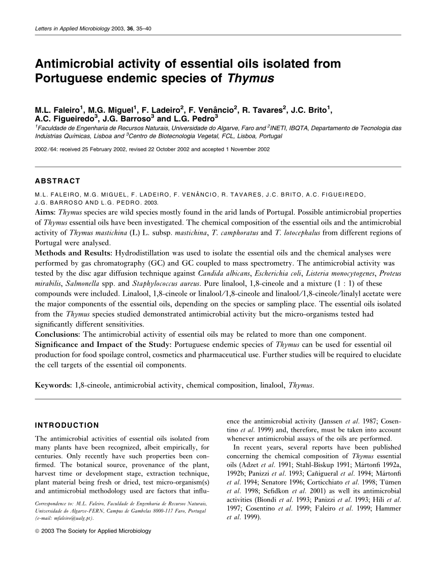 Pdf Antimicrobial Activity Of Essential Oils Isolated From Portuguese Endemic Species Of Thymus