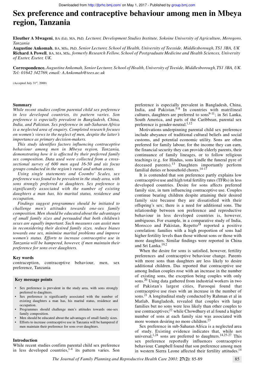 PDF) Sex preference and contraceptive behaviour among men in Mbeya region,  Tanzania