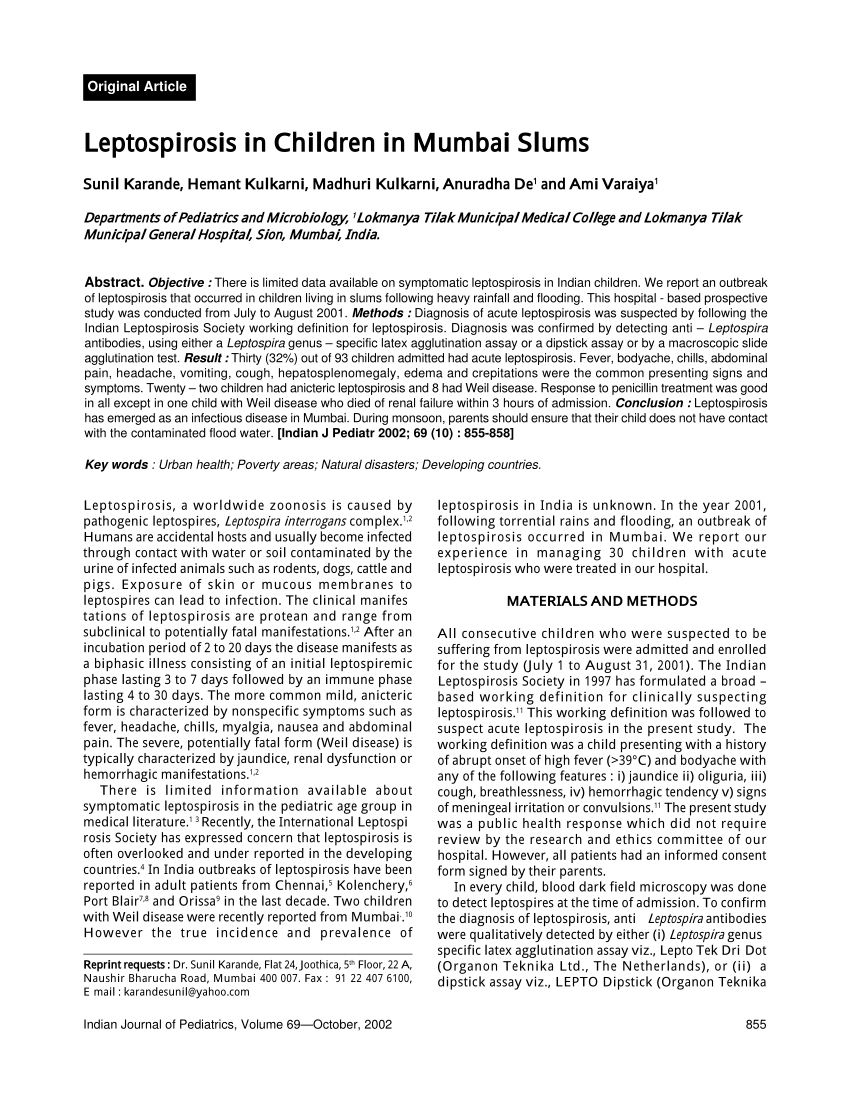 Pdf Leptospirosis In Children In Mumbai Slums