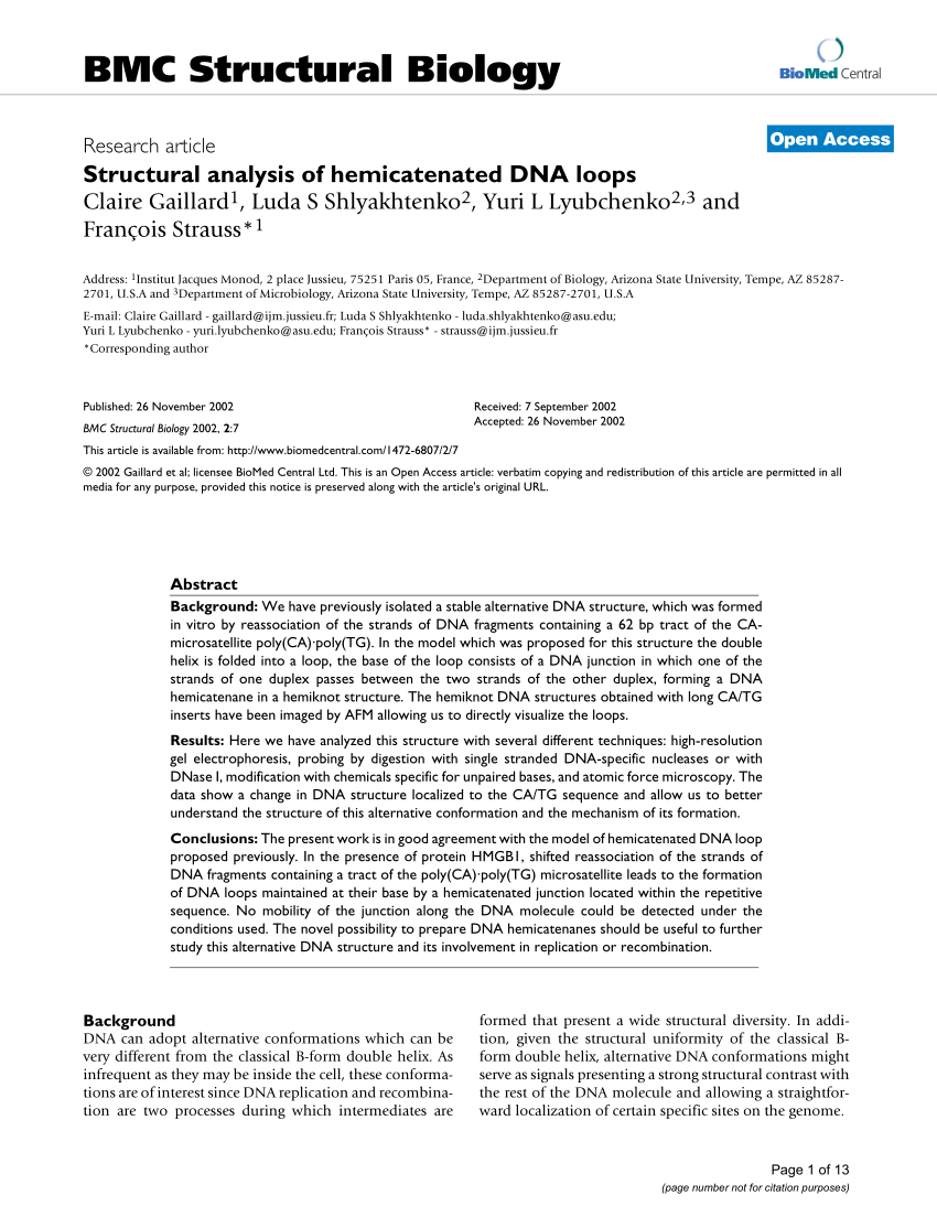 Pdf Structural Analysis Of Hemicatenated Dna Loops