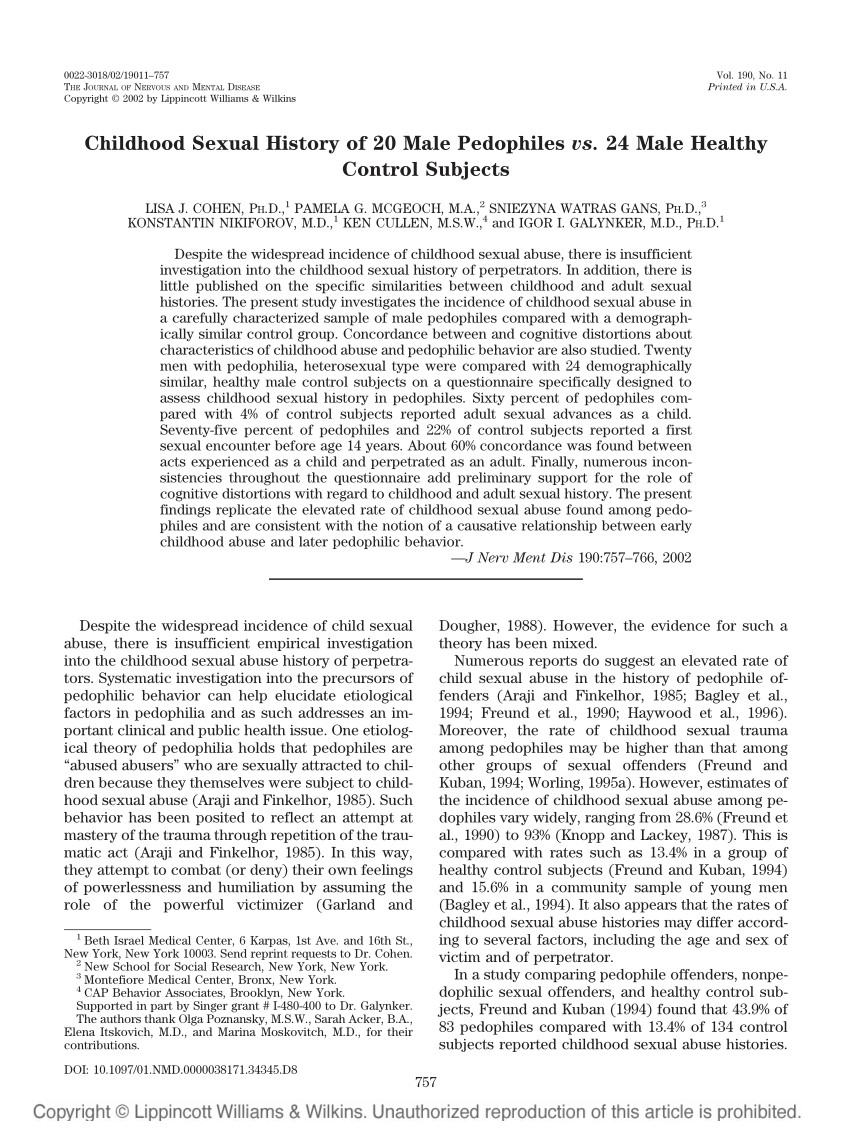 PDF) Childhood sexual history of 20 male pedophiles vs. 24 male healthy  control subjects