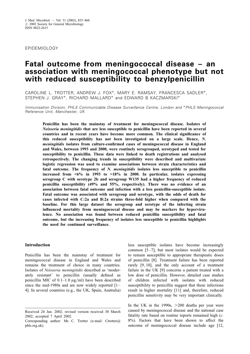 Pdf Fatal Outcome From Meningococcal Disease An Association With Meningococcal Phenotype But Not With Reduced Susceptibility To Benzylpenicillin