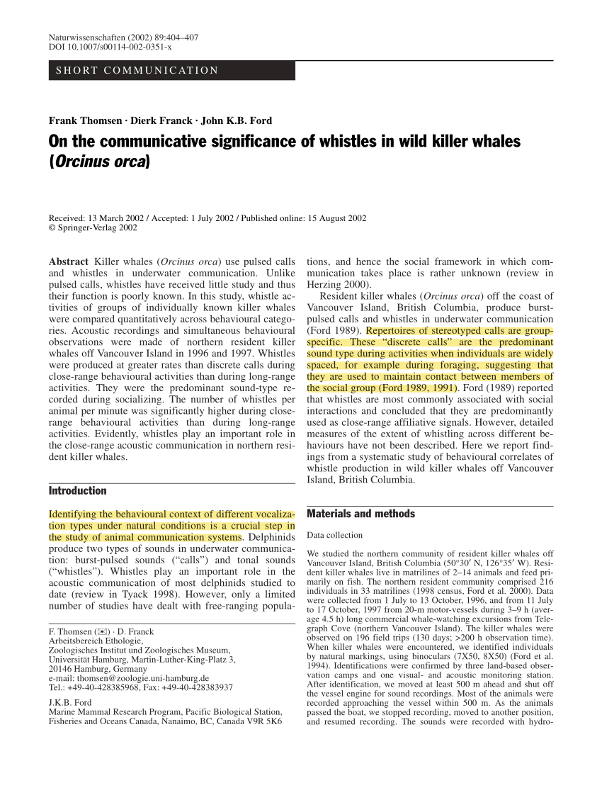 PDF) On the communicative significance of whistles in wild killer whales  (Orcinus orca)