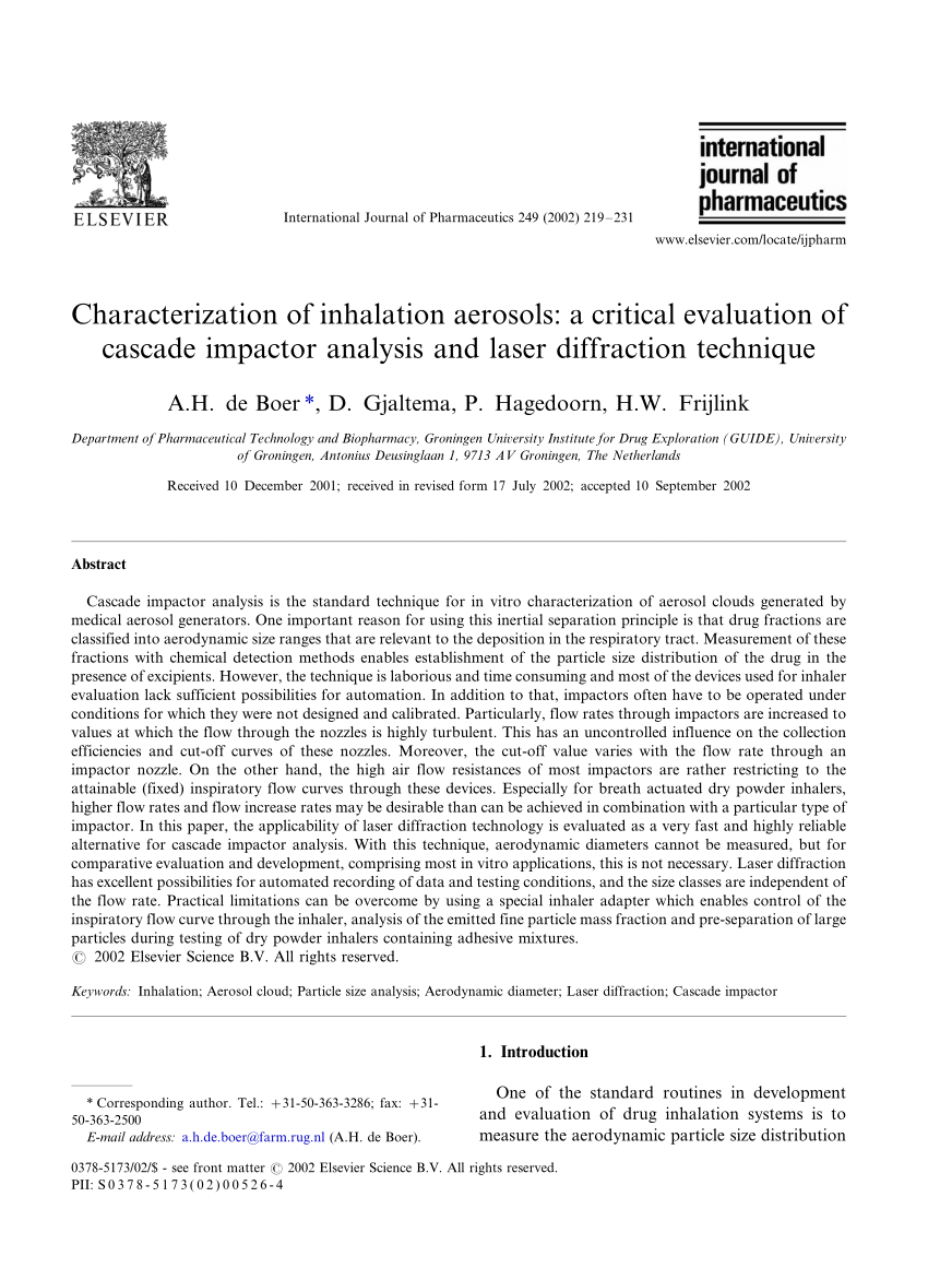 Pdf Characterization Of Inhalation Aerosols A Critical Evaluation Of Cascade Impactor Analysis And Laser Diffraction Technique
