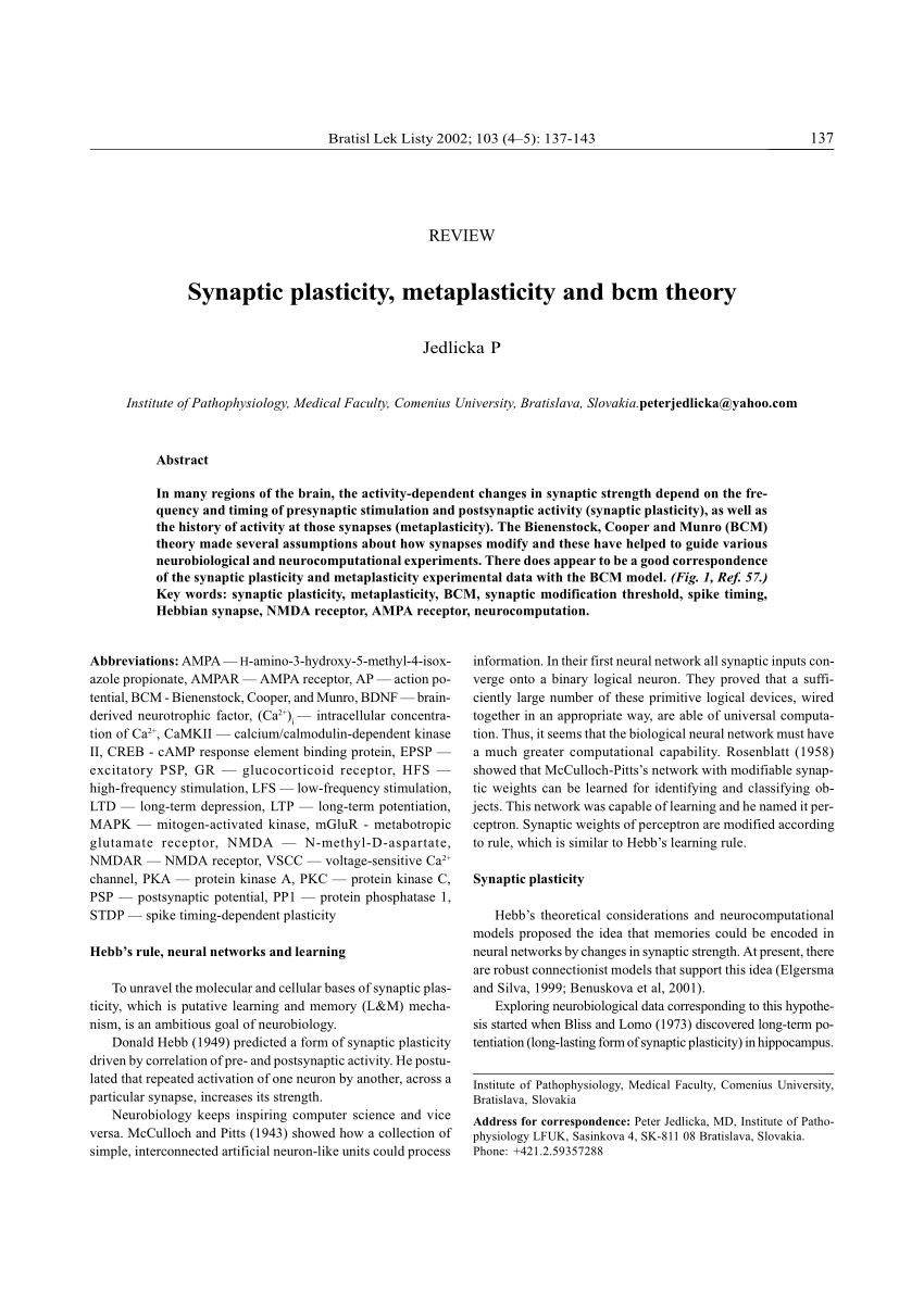 Pdf Synaptic Plasticity Metaplasticity And m Theory