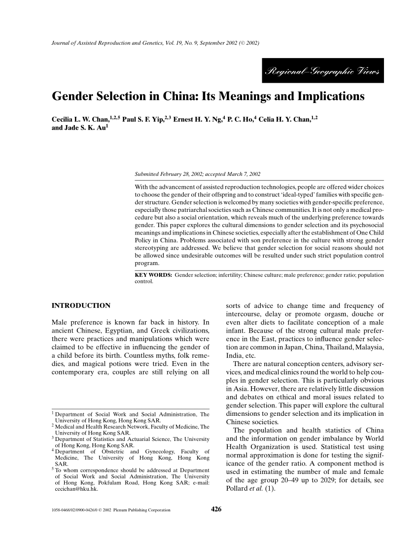 Pdf Gender Selection In China Its Meanings And Implications