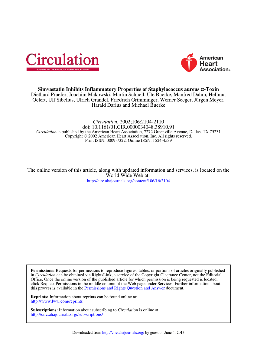 Pdf Simvastatin Inhibits Inflammatory Properties Of Staphylococcus Aureus Alpha Toxin