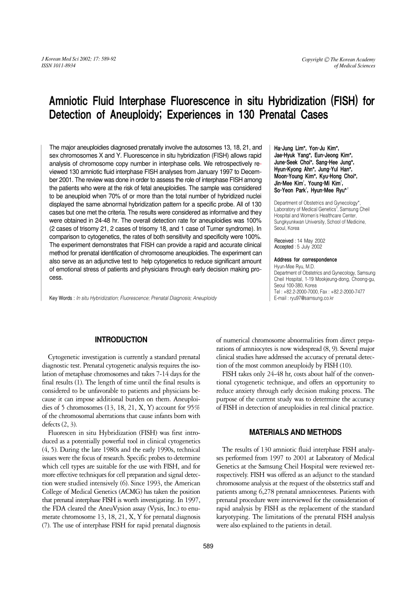 Pdf Amniotic Fluid Interphase Fluorescence In Situ Hybridization Fish For Detection Of Aneuploidy Experiences In 130 Prenatal Cases