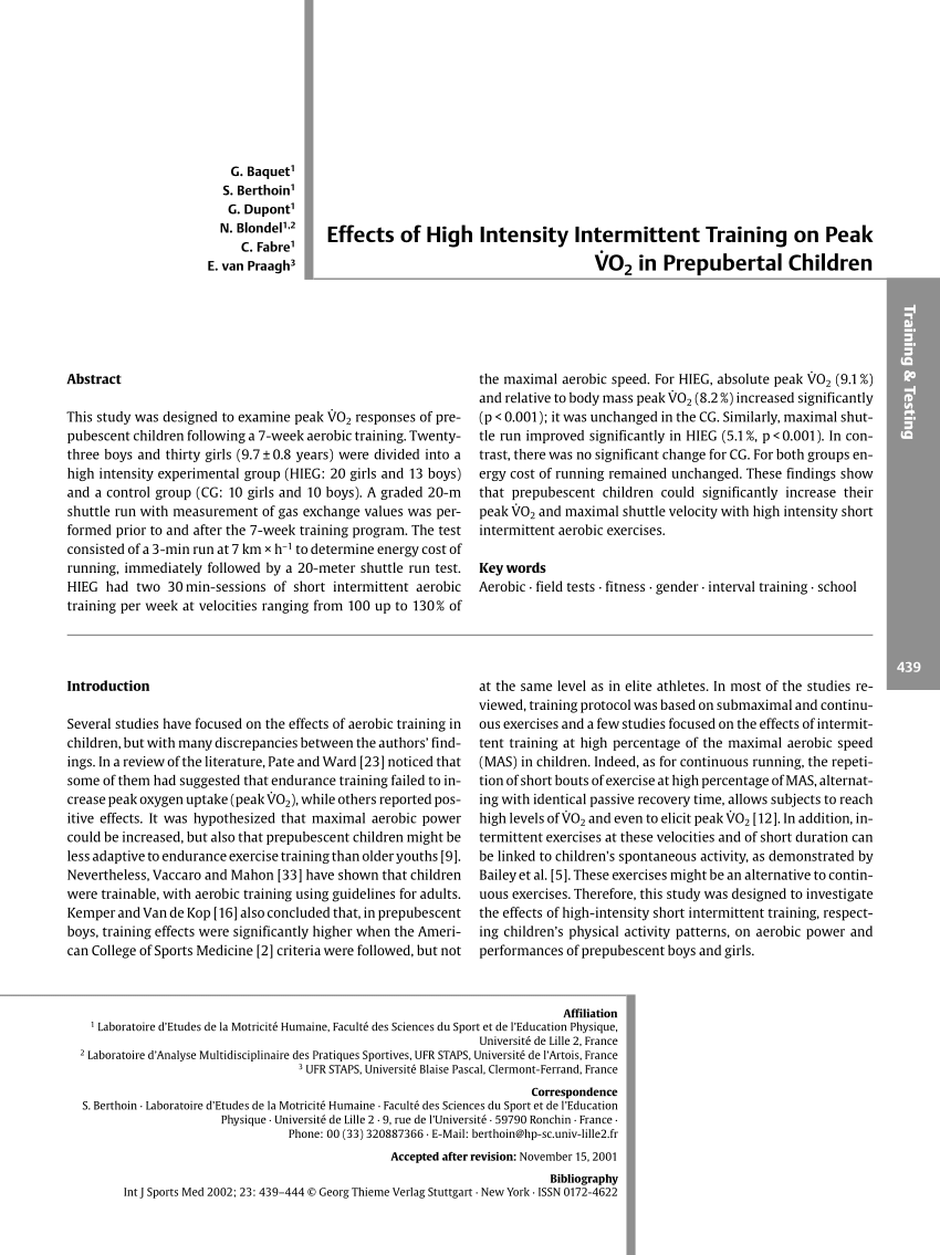 Pdf Effects Of High Intensity Intermittent Training On Peak Ve O2 In Prepubertal Children