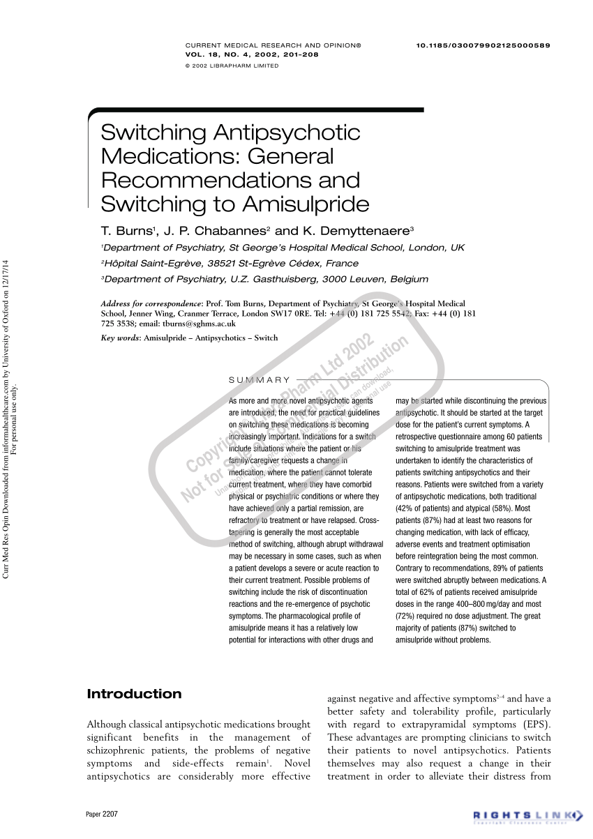 Pdf Switching Antipsychotic Medications General Recommendations And Switching To Amisulpride