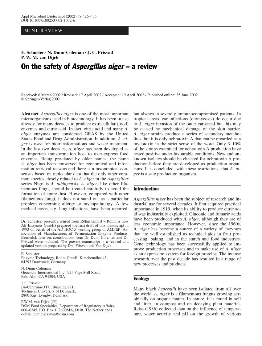 Pdf On The Safety Of Aspergillus Niger A Review