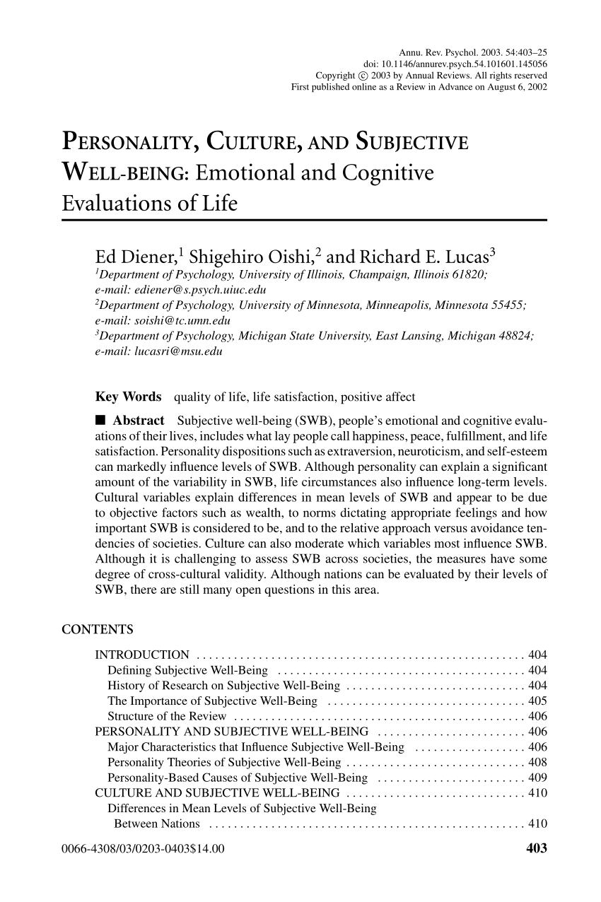 Pdf Personality Culture And Subjective Well Being Emotional And Cognitive Evaluations Of Life