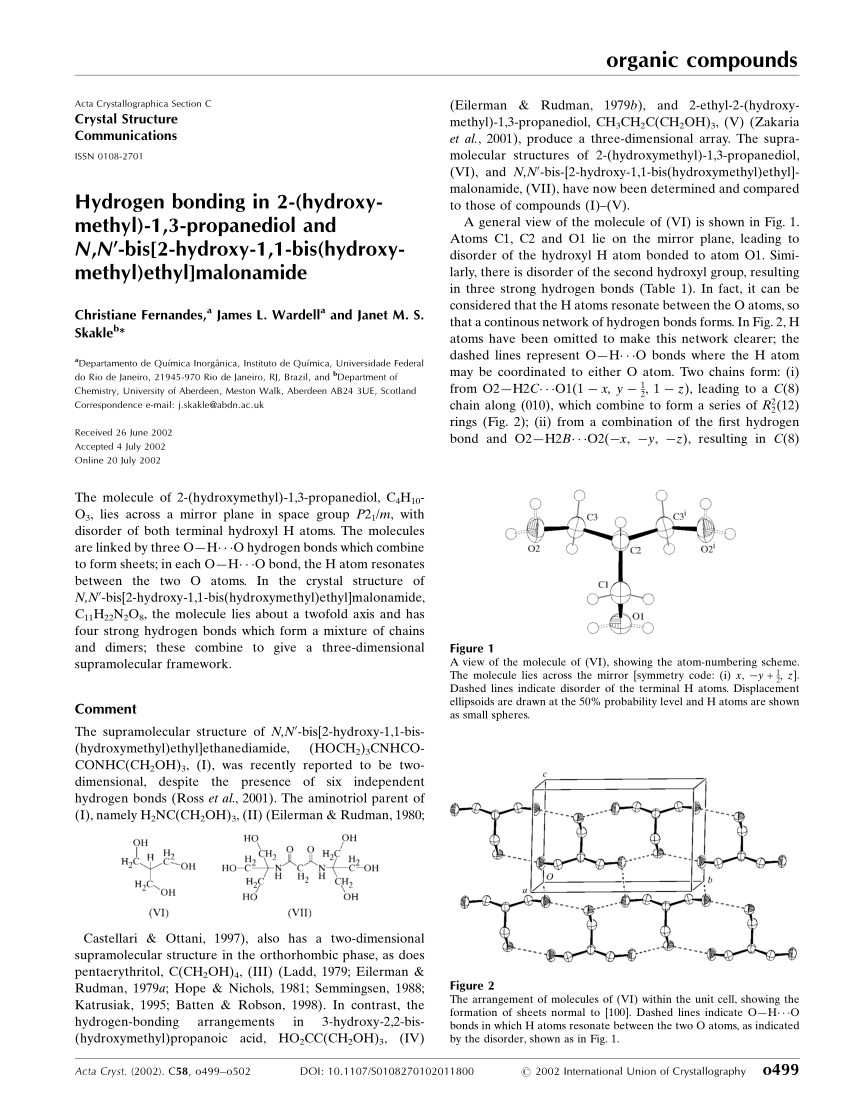 Pdf Hydrogen Bonding In 2 Hydroxymethyl 1 3 Propanediol And N N Bis 2 Hydroxy 1 1 Bis Hydroxymethyl Ethyl Malonamide