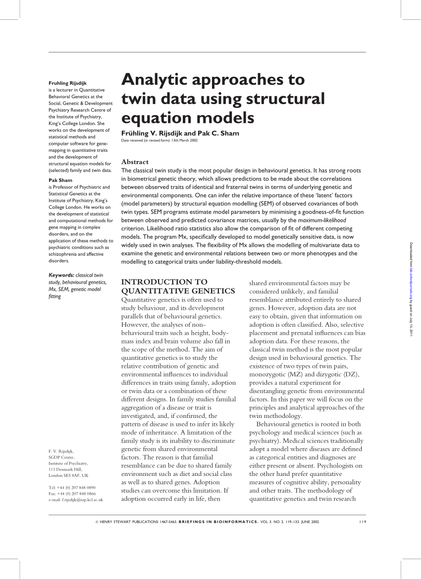 Pdf Analytic Approaches To Twin Data Using Structural Equation Models