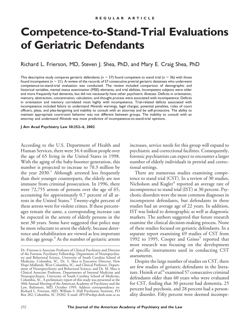 Pdf Competence To Stand Trial Evaluations Of Geriatric Defendants