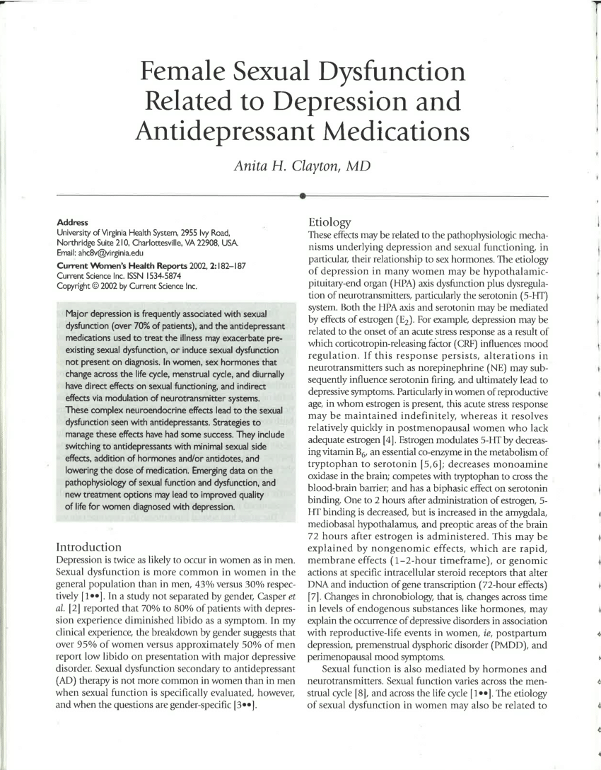Pdf Female Sexual Dysfunction Related To Depression And Antidepressant Medications