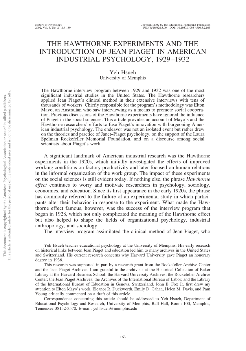 The Hawthorne Experiments and the Introduction of Jean Piaget in