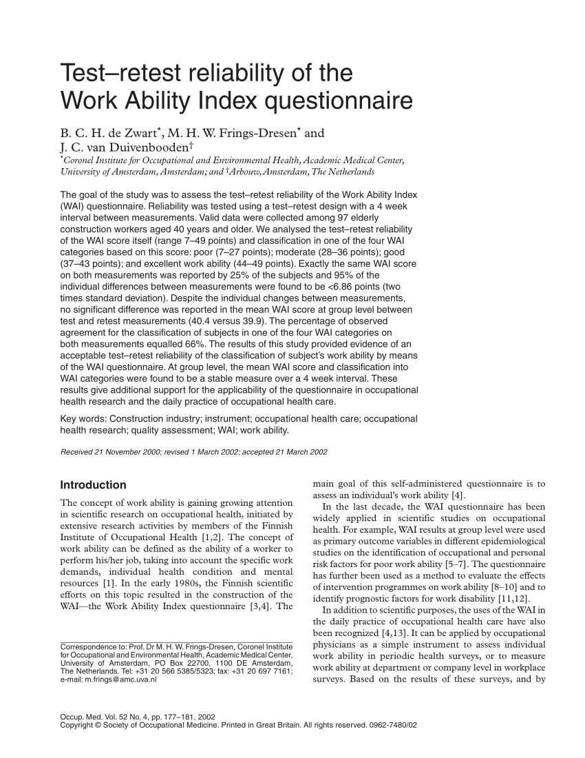 Pdf Test Retest Reliability Of The Work Ability Index Questionnaire