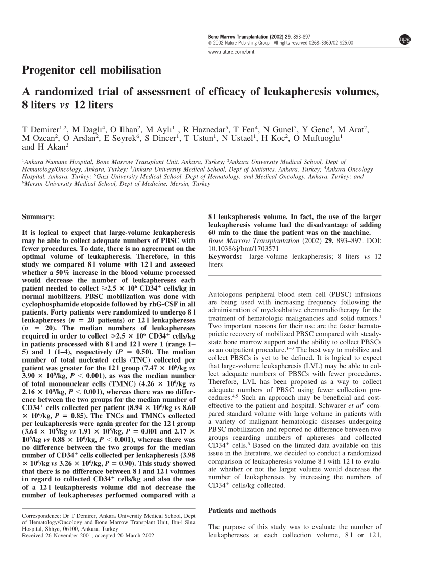 Pdf A Randomized Trial Of Assessment Of Efficacy Of Leukapheresis Volumes 8 Liters Vs 12 Liters