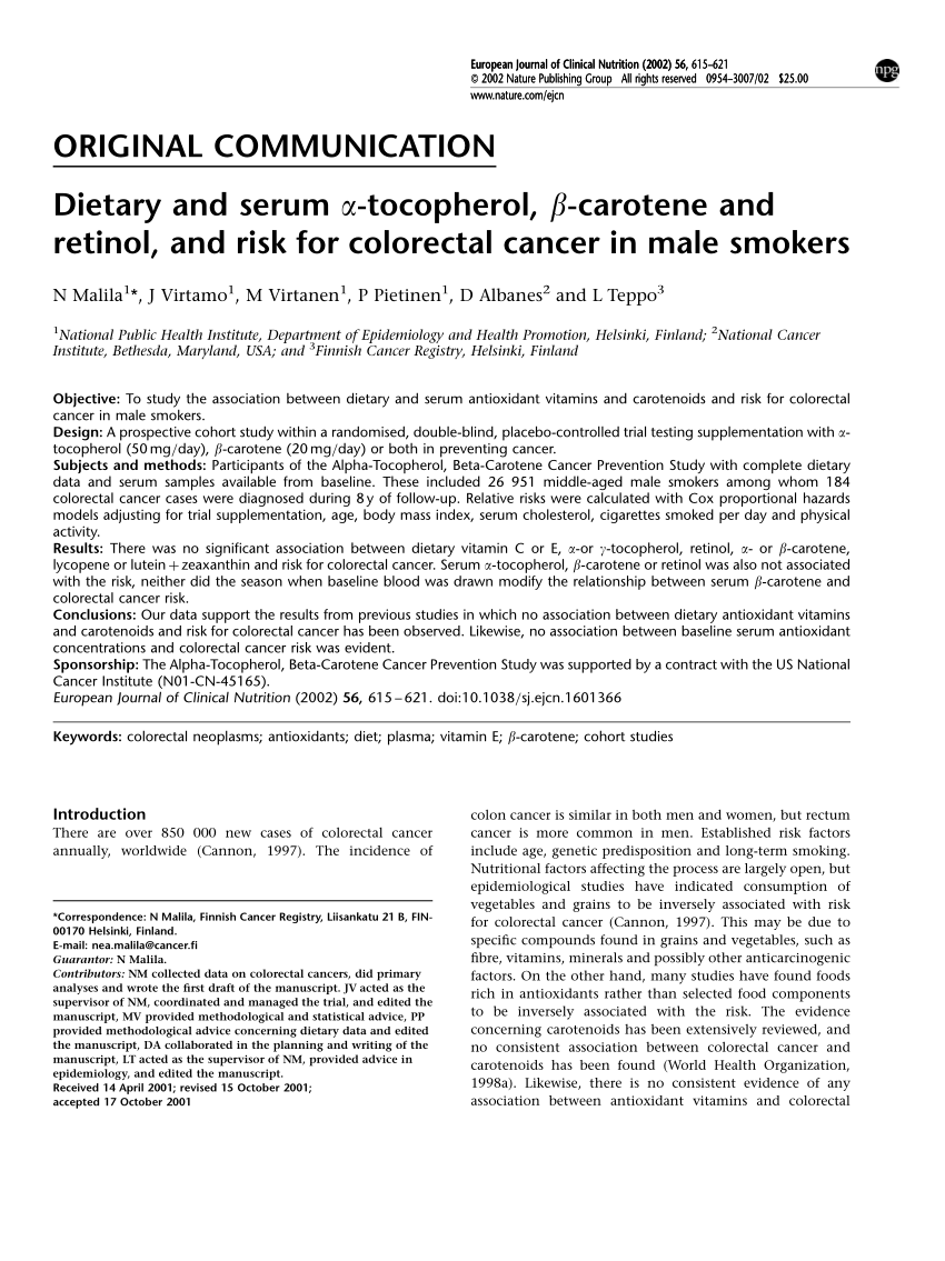 Pdf Malila N Virtamo J Virtanen M Pietinen P Albanes D Teppo L Dietary And Serum Alpha Tocopherol Beta Carotene And Retinol And Risk For Colorectal Cancer In Male Smokers Eur J Clin Nutr