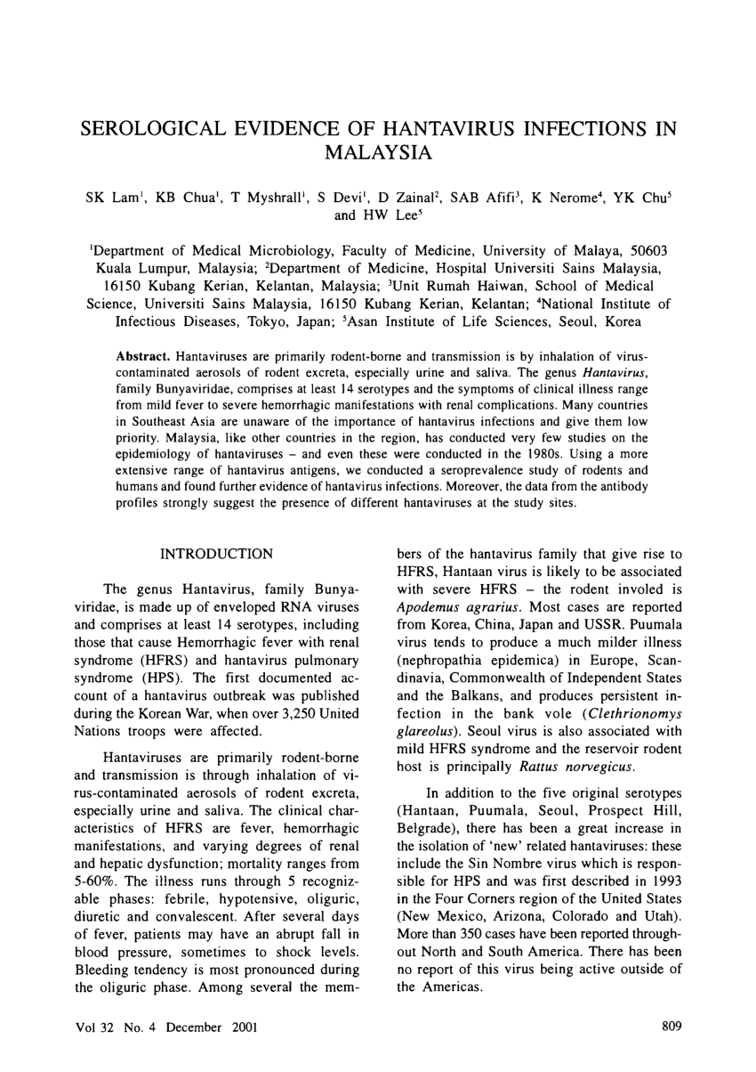 Pdf Serological Evidence Of Hantavirus Infections In Malaysia