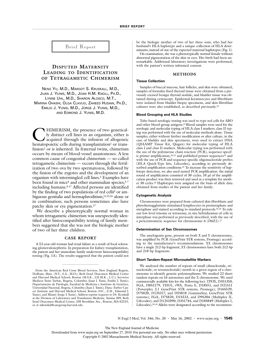 Pdf Disputed Maternity Leading To Identification Of Tetragametic Chimerism