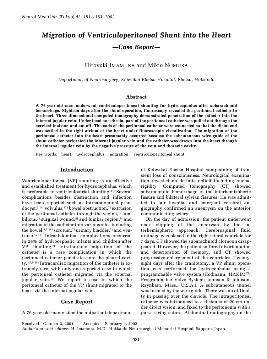 Pdf Migration Of Ventriculoperitoneal Shunt Into The Heart Case Report 2506