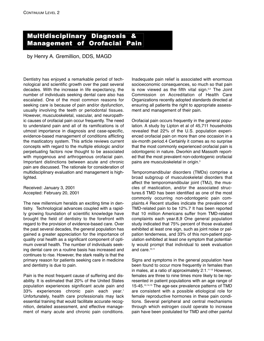 PDF) Multidisciplinary diagnosis and management of orofacial pain