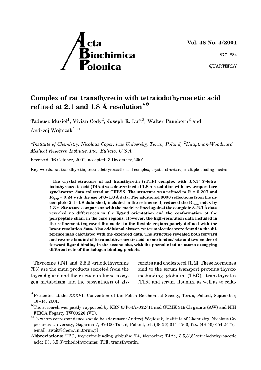 Hjemland ødelagte Parametre PDF) Complex of rat transthyretin with tetraiodothyroacetic acid refined at  2.1 and 1.8 A resolution
