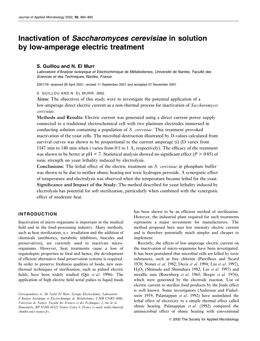 Pdf Inactivation Of Saccharomyces Cerevisiae In Solution By Low Amperage Electric Treatment
