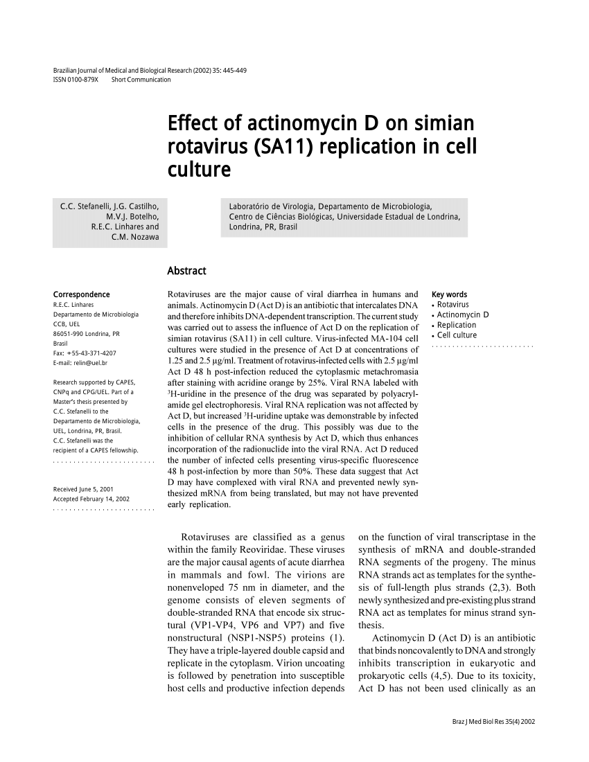 Pdf Effect Of Actinomycin D On Simian Rotavirus Sa11 Replication In Cell Culture