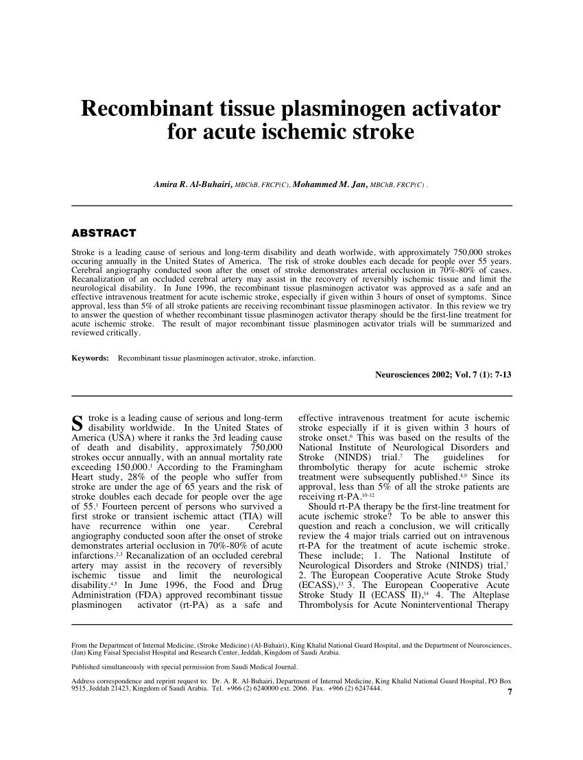 Effects of Tissue Plasminogen Activator for Acute Ischemic Stroke at One  Year