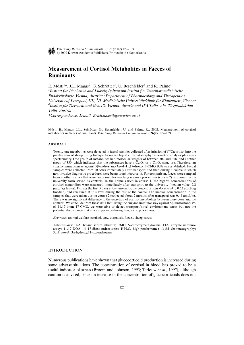 Pdf Measurement Of Cortisol Metabolites In Faeces Of Ruminants