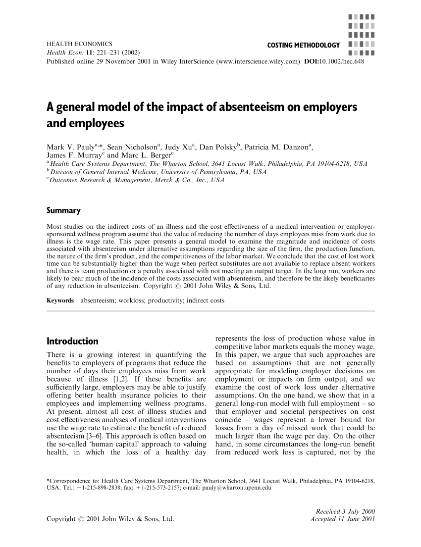 Pdf A General Model Of The Impact Of Absenteeism On Employers And Employees