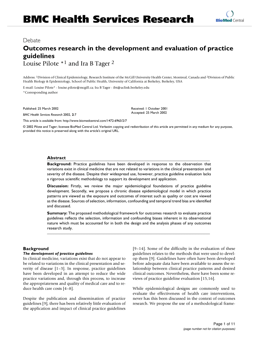 Pdf Outcomes Research In The Development And Evaluation Of Practice Guidelines