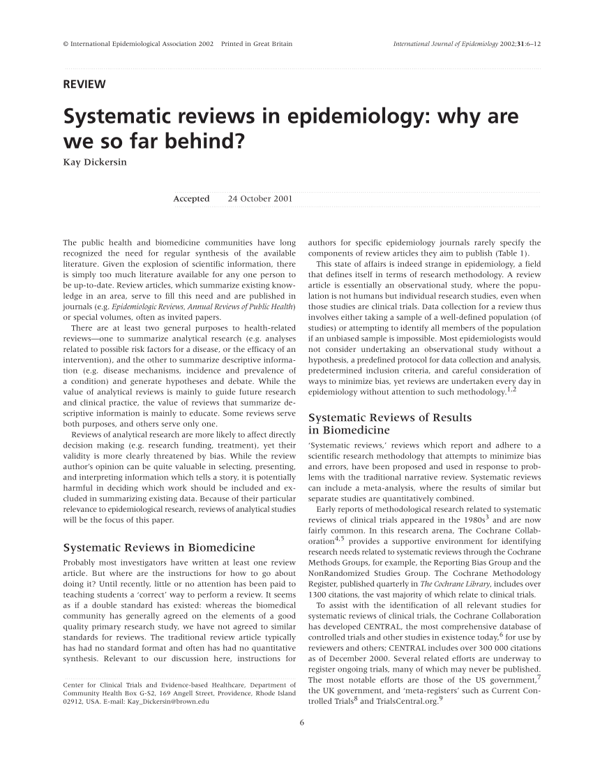 PDF) Systematic reviews in epidemiology: Why are we so far behind?