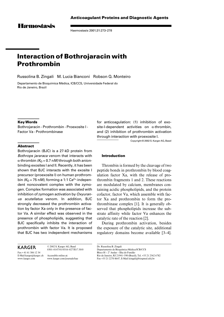 Pdf Interaction Of Bothrojaracin With Prothrombin