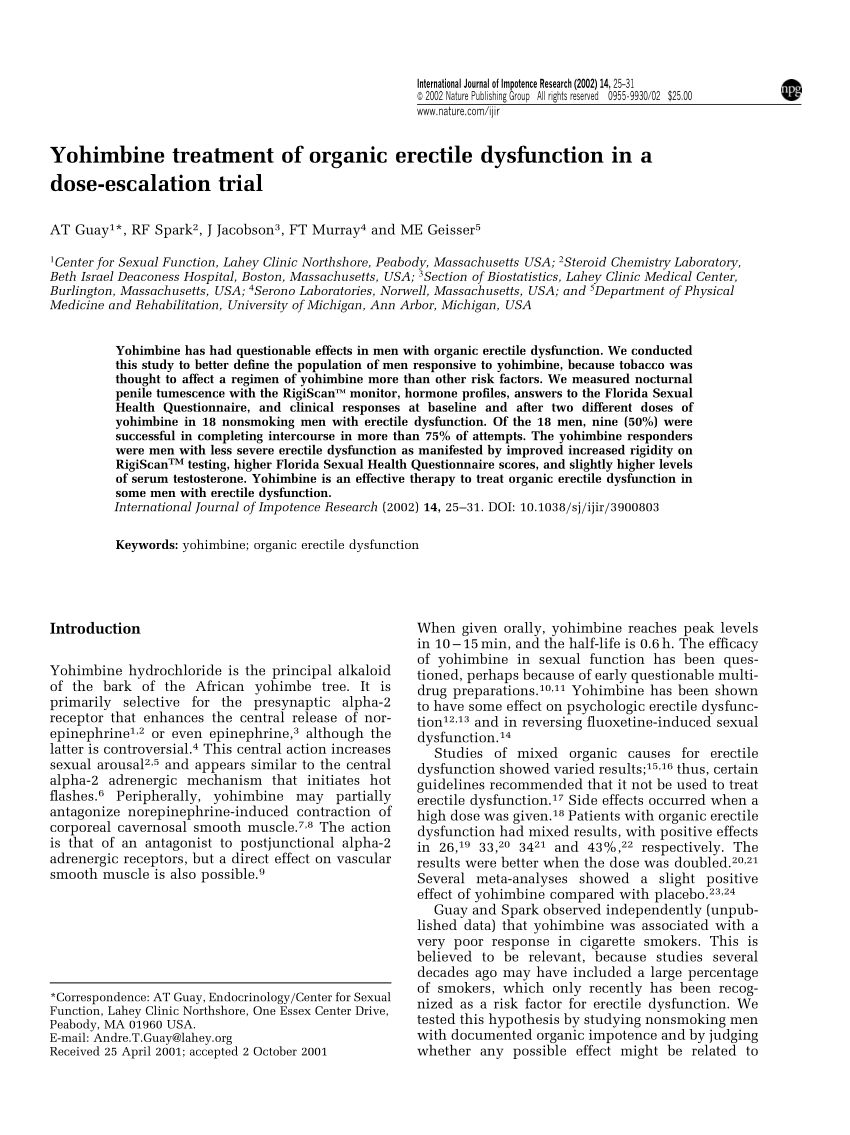 PDF Yohimbine treatment of organic erectile dysfunction in a dose