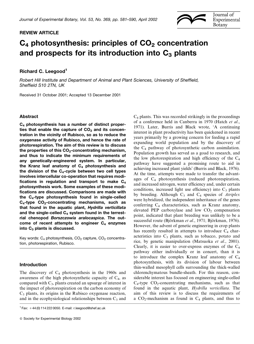 Pdf C4 Photosynthesis Principles Of Co2 Concentration And Prospects For Its Introduction Into C3 Plants