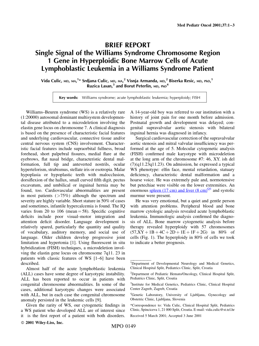 Pdf Brief Report Single Signal Of The Williams Syndrome Chromosome Region 1 Gene In 