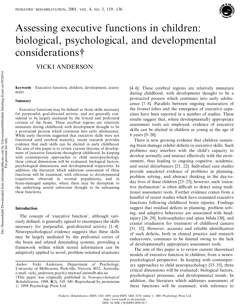 Pdf Assessing Executive Functions In Children Biological Psychological And Developmental Considerations