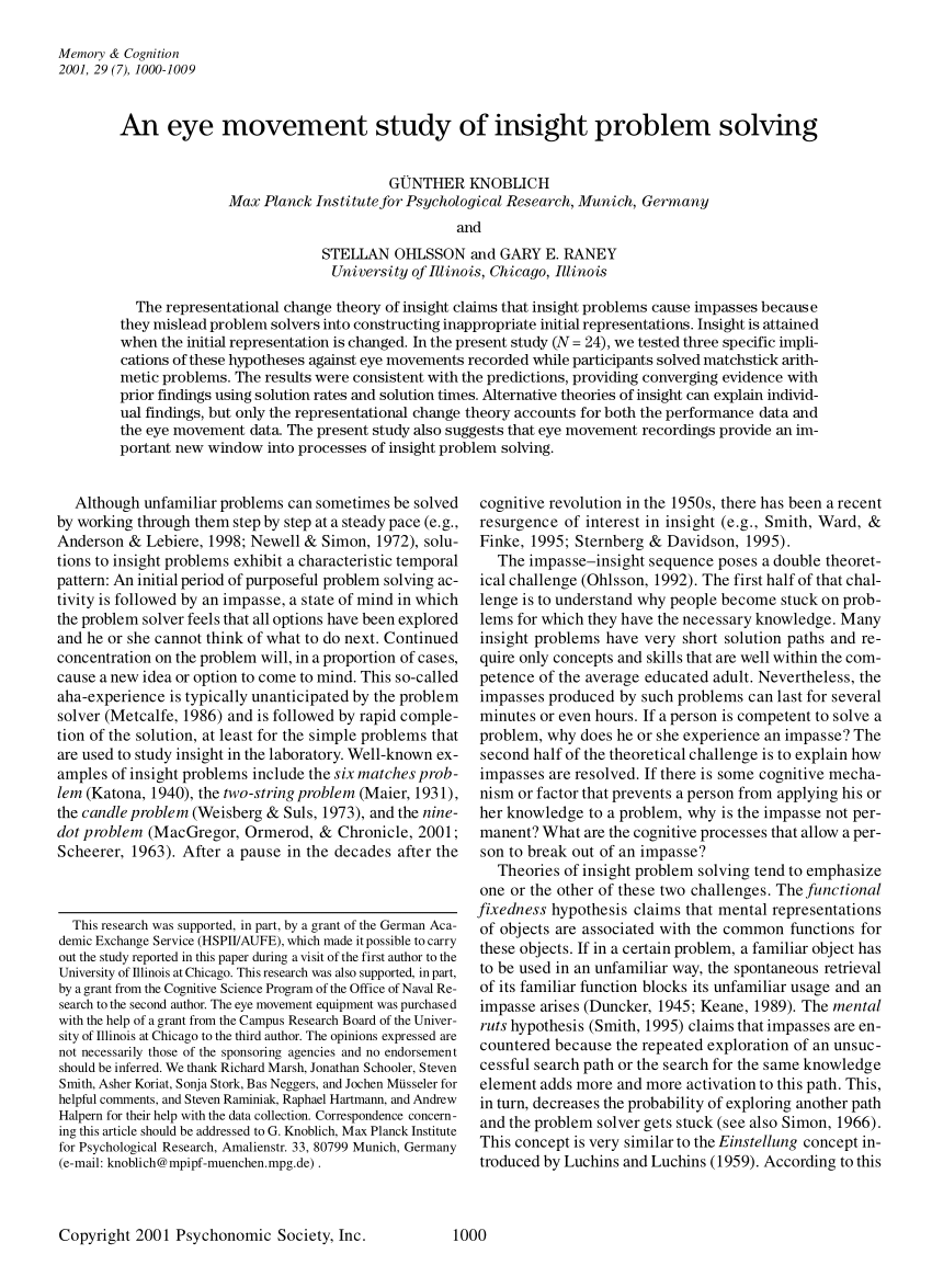 Pdf An Eye Movement Study Of Insight Problem Solving