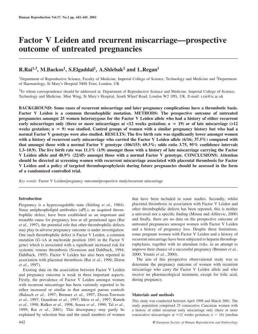 Pdf Factor V Leiden And Recurrent Miscarriage Prospective Outcome Of Untreated Pregnancies