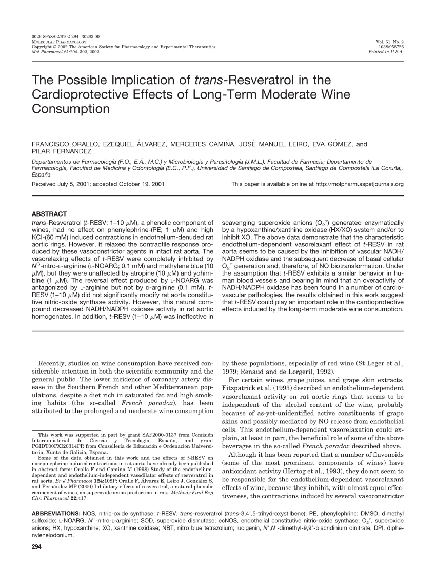 Pdf The Possible Implication Of Trans Resveratrol In The Cardioprotective Effects Of Long Term Moderate Wine Consumption