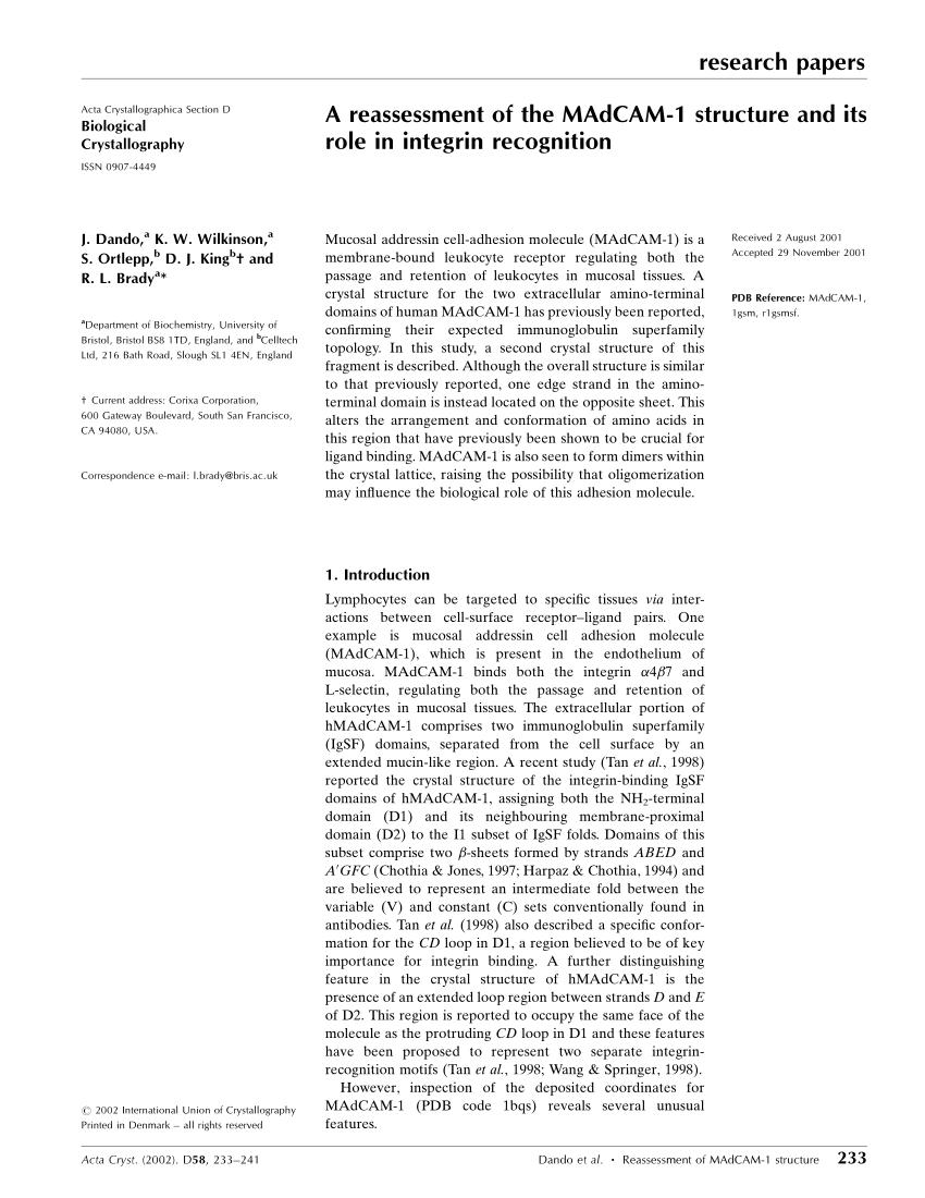 Pdf A Reassessment Of The Madcam 1 Structure And Its Role In Integrin Recognition