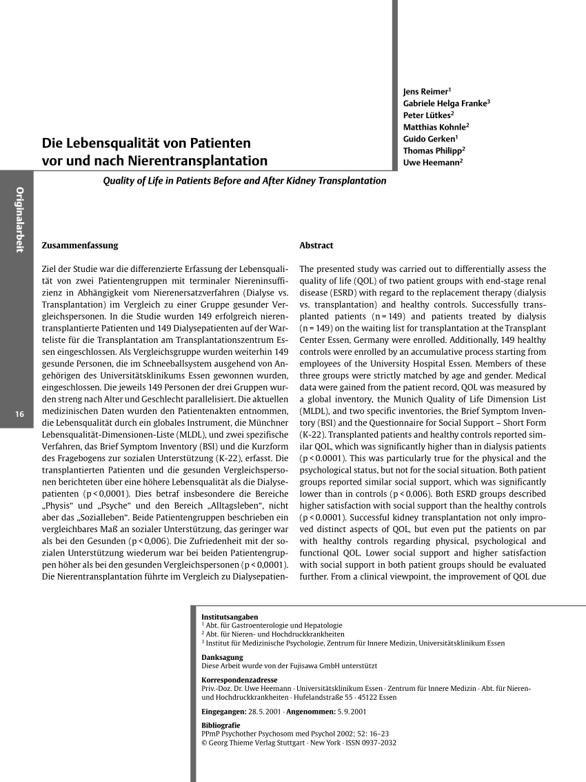 Pdf Die Lebensqualitat Von Patienten Vor Und Nach Nierentransplantation