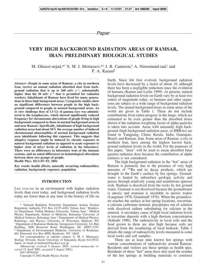 (PDF) Very high background radiation areas of Ramsar, Iran Preliminary